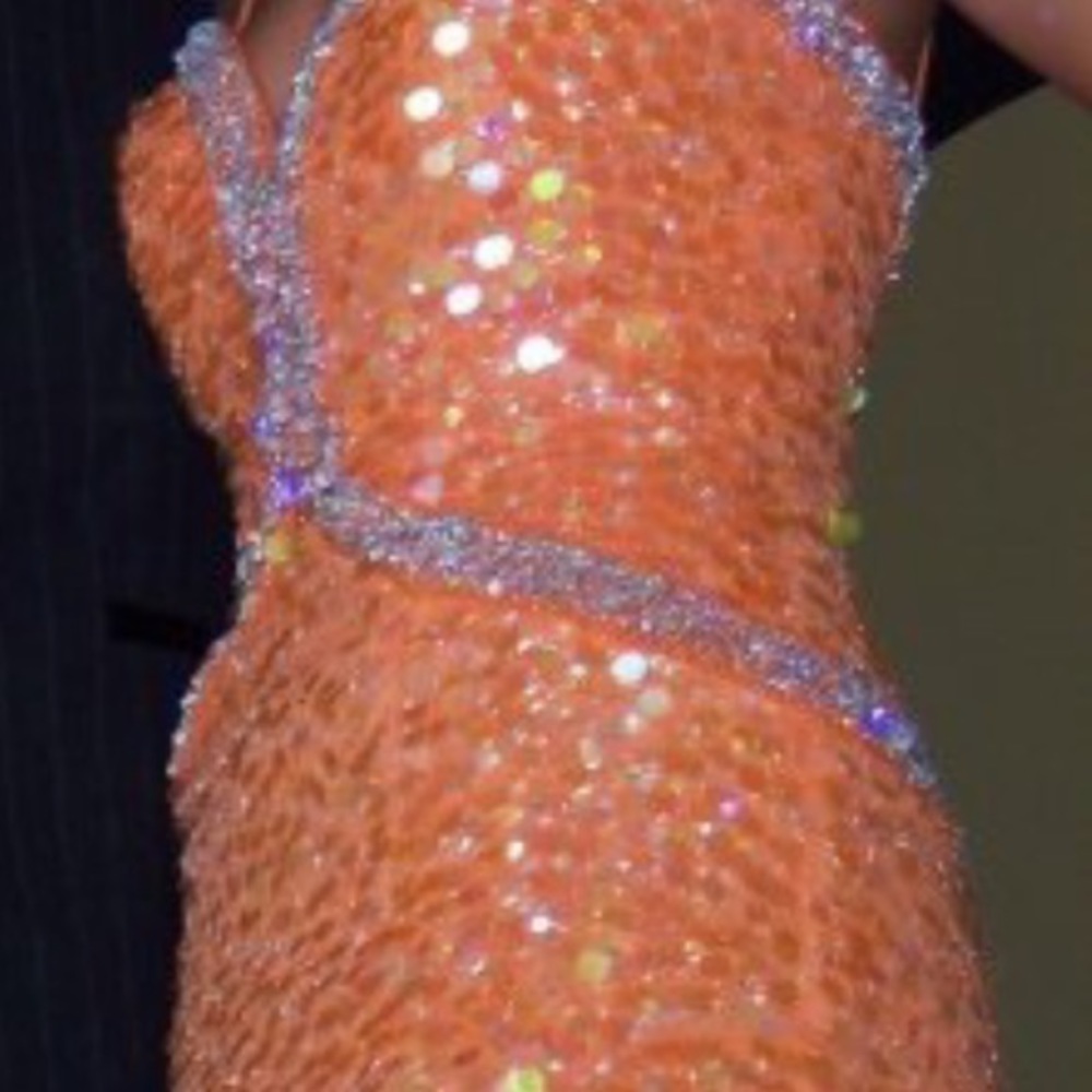 Beautiful beaded, coral prom, dress, fitted at waist, spaghetti straps. - Picture 8 of 9